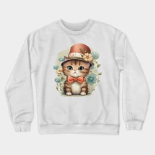 a cute little cat wearing a hat and a bow tie Crewneck Sweatshirt